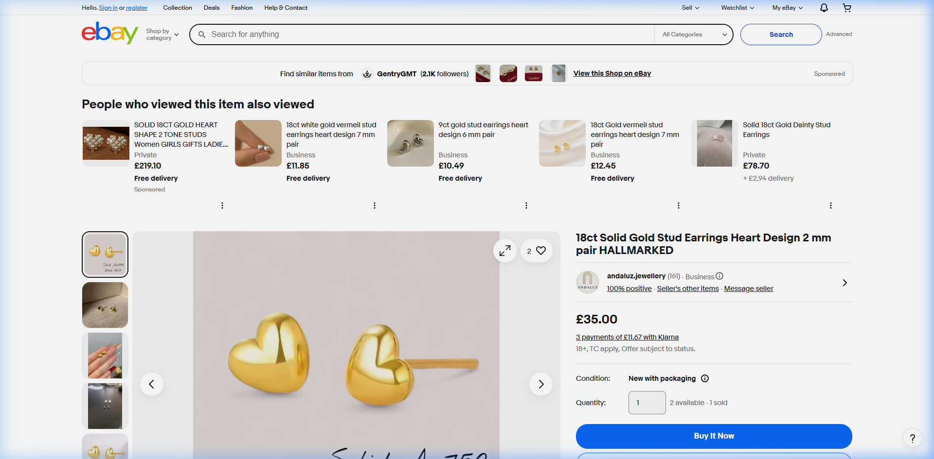 18ct Solid Gold Heart Stud Earrings