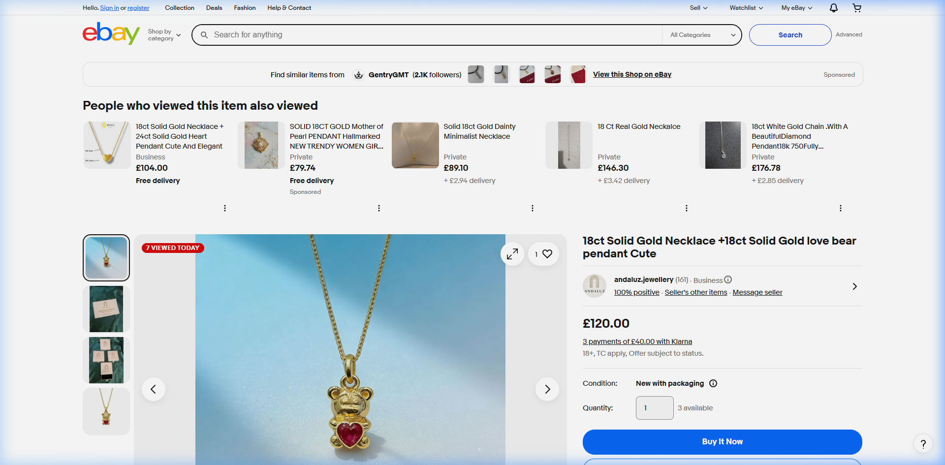 18ct Solid Gold Love Bear Necklace & Pendant